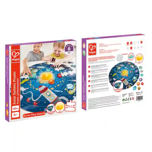 Puzzle „Sistemul Solar” – Descoperă universul cu 102 piese, planete din lemn și soare LED strălucitor