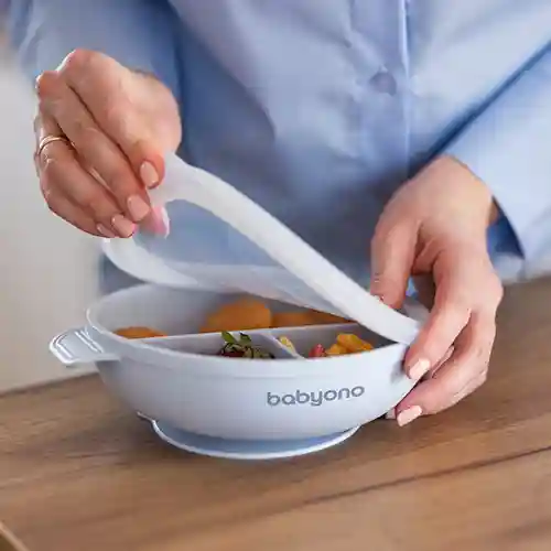  Farfurie din silicon cu ventuză și capac Albastru, Babyono