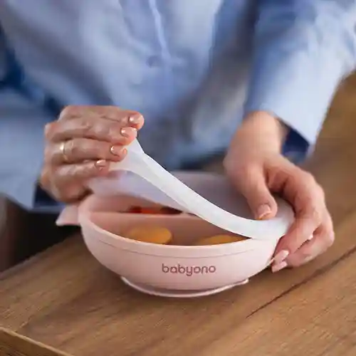  Farfurie din silicon cu ventuză și capac Roz, Babyono