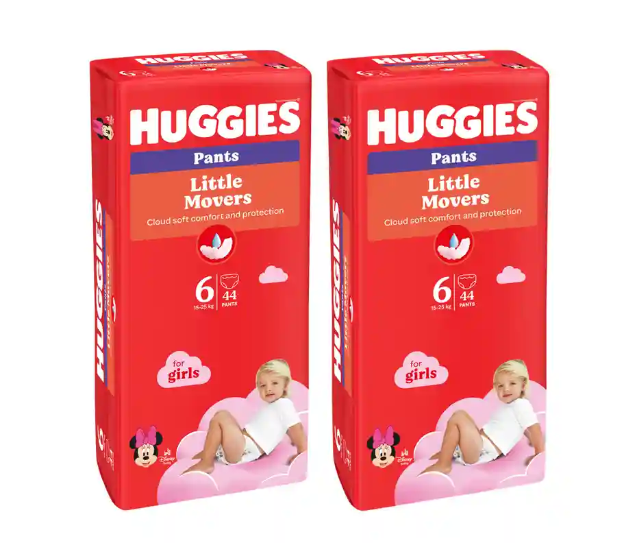 Set Scutece-chiloţel Huggies Little Movers pentru fetiţă 6 (16-22 kg),  88buc.  (2x44buc)