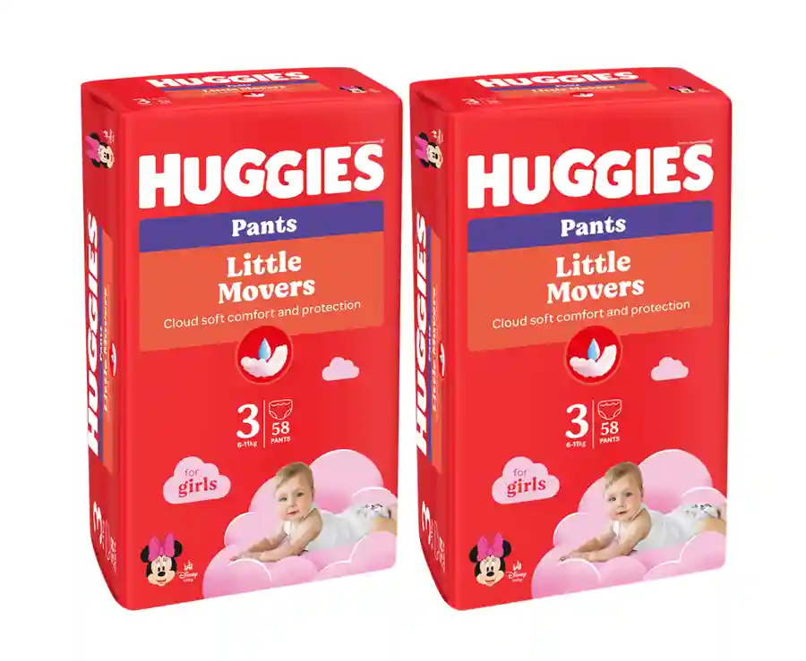 Set Scutece-chiloţel Huggies Little Movers pentru fetiţă 3 (7-11 kg), 116buc.  (2x58buc)