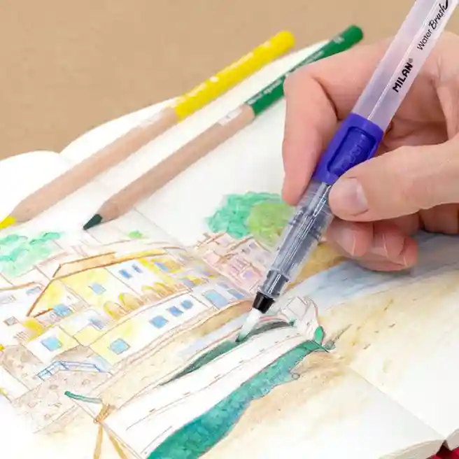 Creioane colorate MILAN, acuarelă, 5 culori+ periuță cu rezervor pentru apă