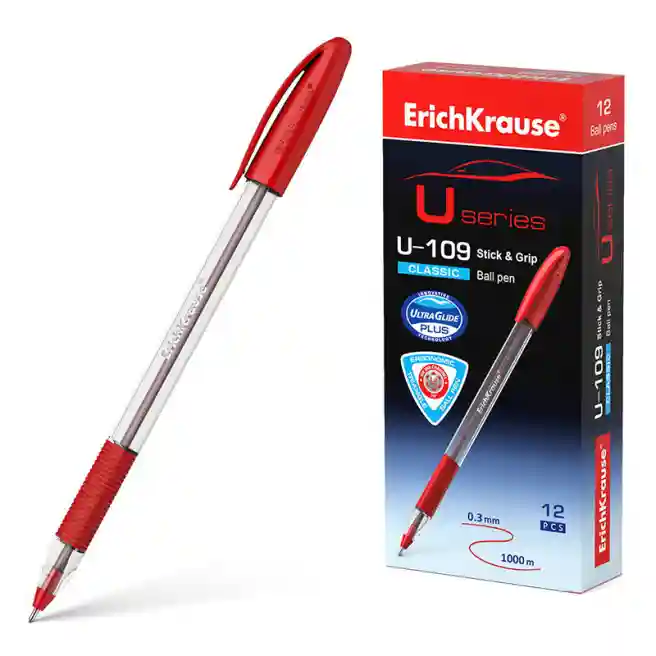 Ручка ErichKrause 1 мм U-109 Classic Stick&Grip, красная