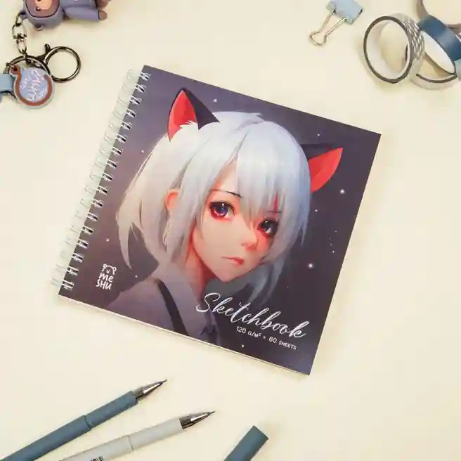 Скетчбук 60л., 150*150 MESHU "Neko", на гребне, выб. лак, soft-touch, 120 г/м2