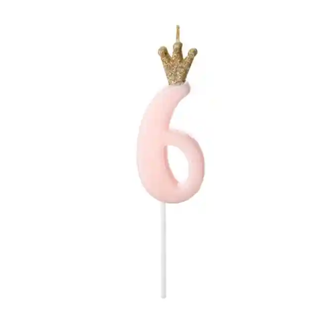 Свечка на торт, Цифра 6, розовая с короной, 9.5см