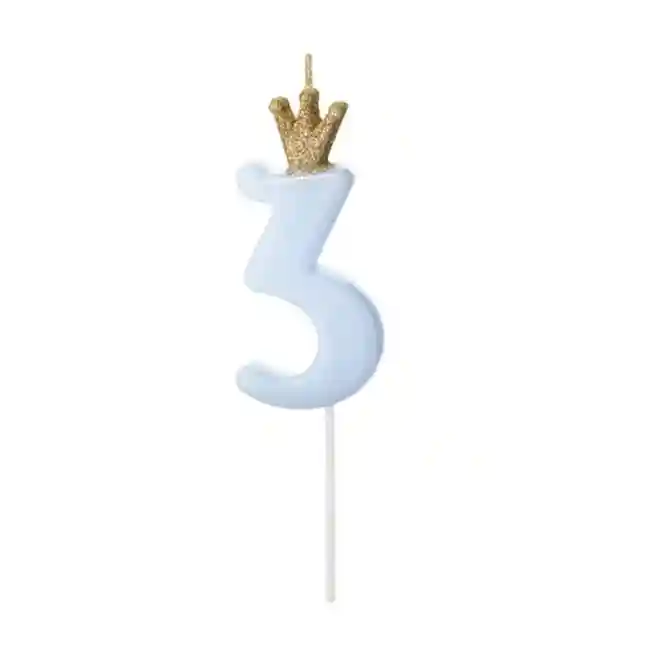 Свечка на торт, Цифра 3, голубая с короной, 9.5см