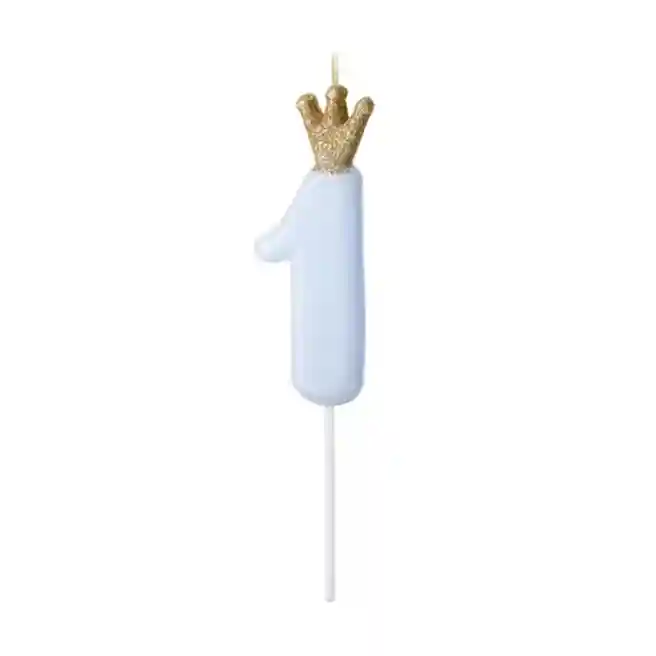 Lumânare pentru tort, Cifra 1, albastră cu coroniță, 9,5cm