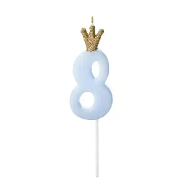 Lumanare pentru tort, Cifra 8, albastra cu coronita, 9,5cm
