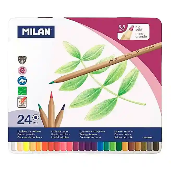Creioane colorate Milan, 24 culori, în penar metalic