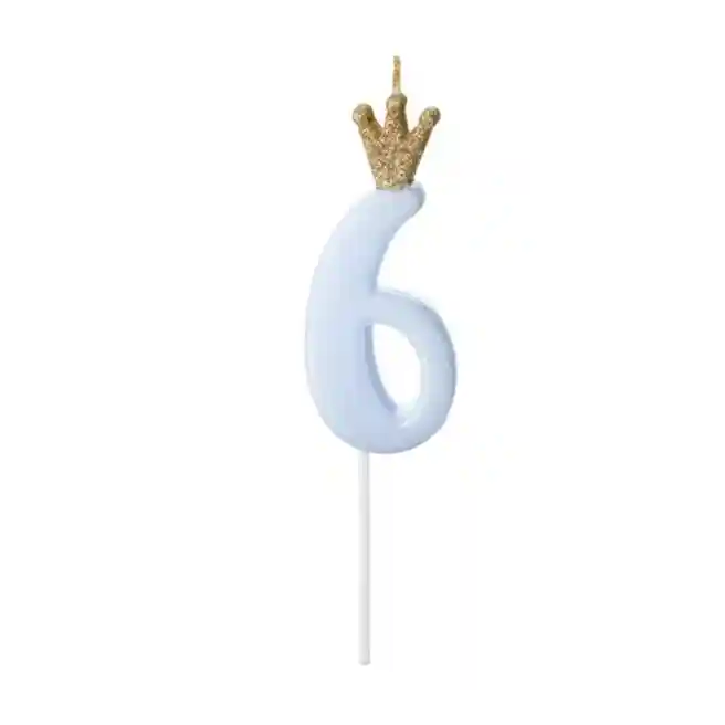 Свечка на торт, Цифра 6, голубая с короной, 9.5см