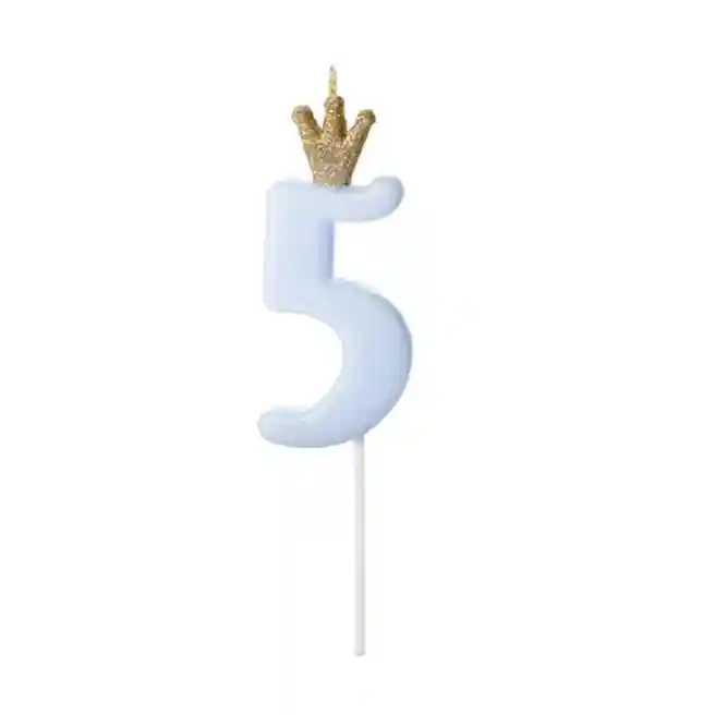 Lumanare pentru tort, Cifra 5, albastra cu coronita, 9,5cm