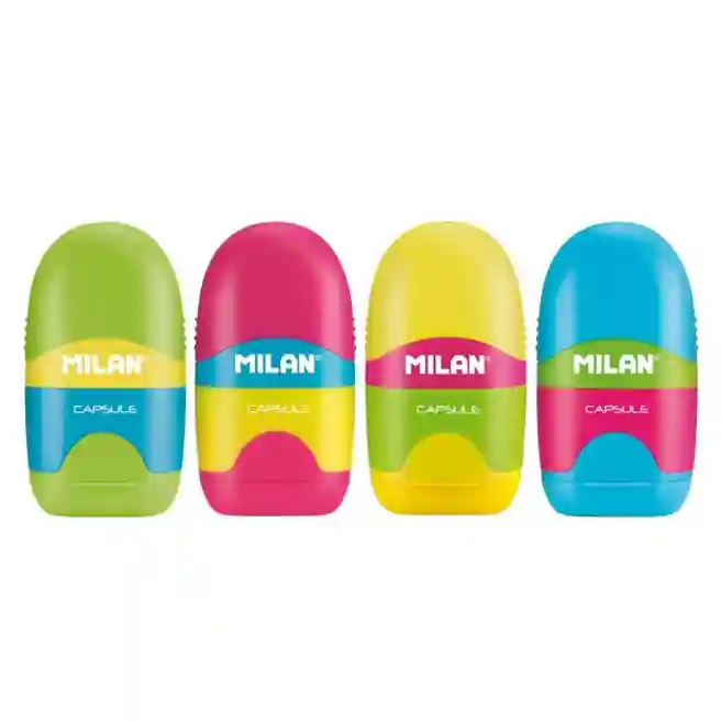 Ascuțitoare MILAN 4709624 în container + radieră, seria "Capsule Mix"