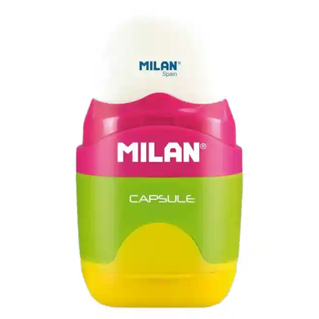 Ascuțitoare MILAN 4709624 în container + radieră, seria "Capsule Mix"