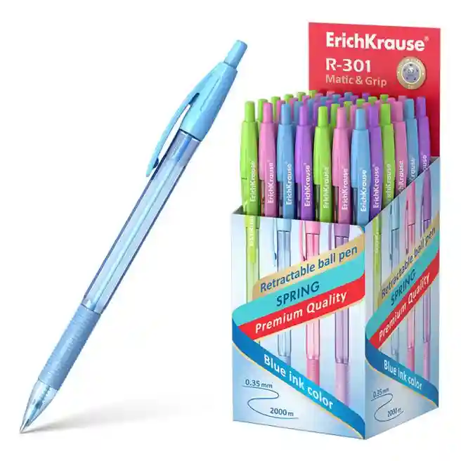 Ручка шариковая ErichKrause на кнопке 0,7 мм R-301 Spring Matic&Grip, синяя