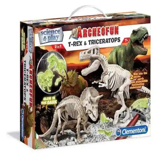 Набор игровой Раскопки Т-рекса и Трицератопса фосфоресцирующие Archeofun Clementoni