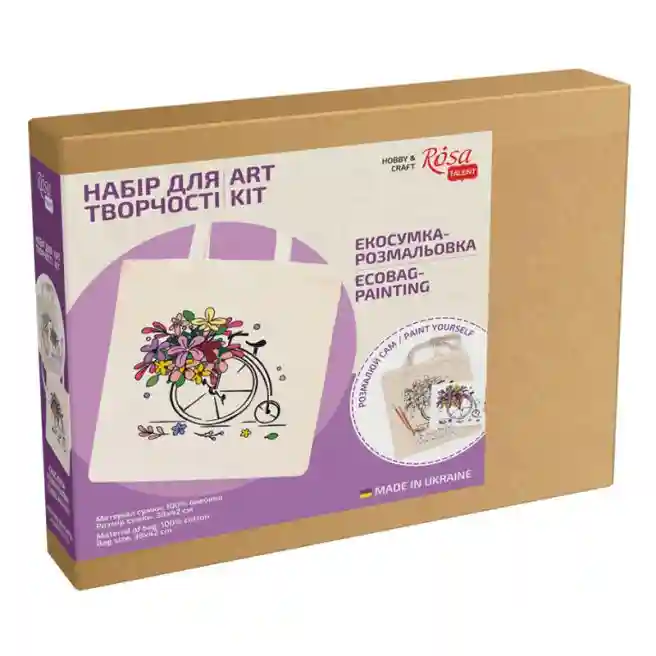 Set de pictat, Eco shopper, "Flower bike", bumbac 220 g. 38x42cm, Rosa Talent