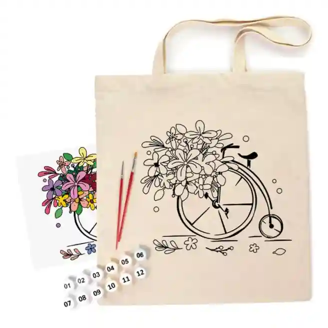 Set de pictat, Eco shopper, "Flower bike", bumbac 220 g. 38x42cm, Rosa Talent