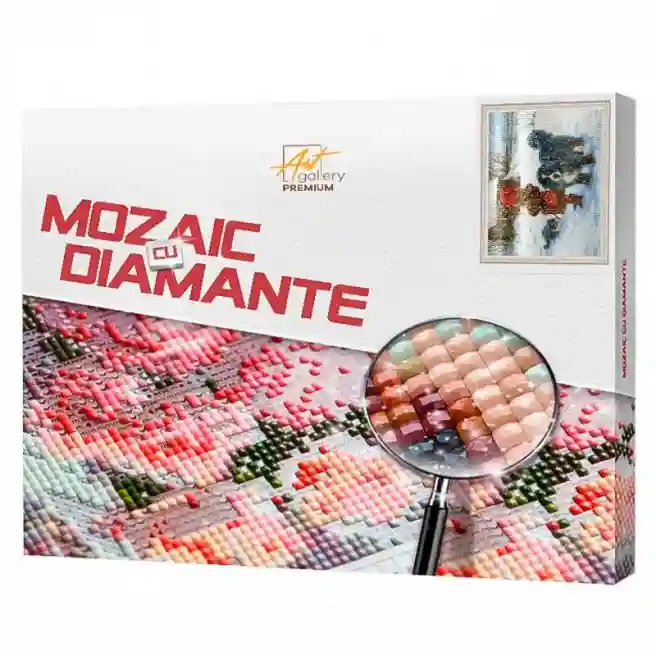 Fetiță cu prieteni pufoși iarnă, 40x50 cm, mozaic cu diamante pătrate
