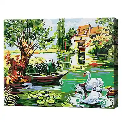 Lebede în iaz 20x30 cm, pictură pe numere