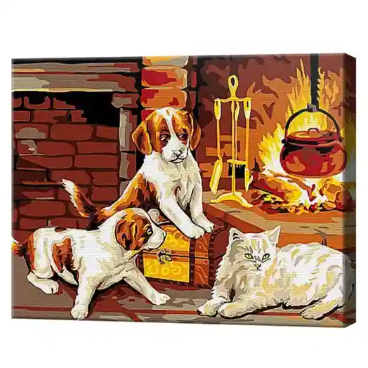 Пушистые малыши у камина 20x30 см, картина по номерам