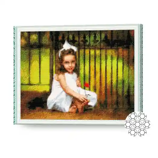 Fetiță în rochiță albă, 40x50 cm, mozaic cu diamante