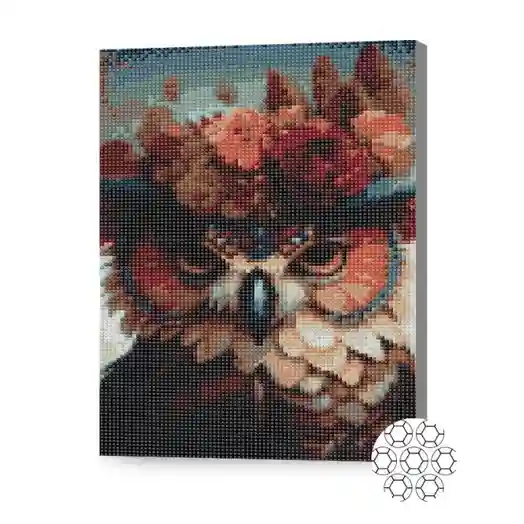 Bufniță în coroniță de flori, 30x40 cm, mozaic cu diamante