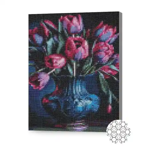 Lalele luxoase în vaza, 30x40 cm, mozaic cu diamante