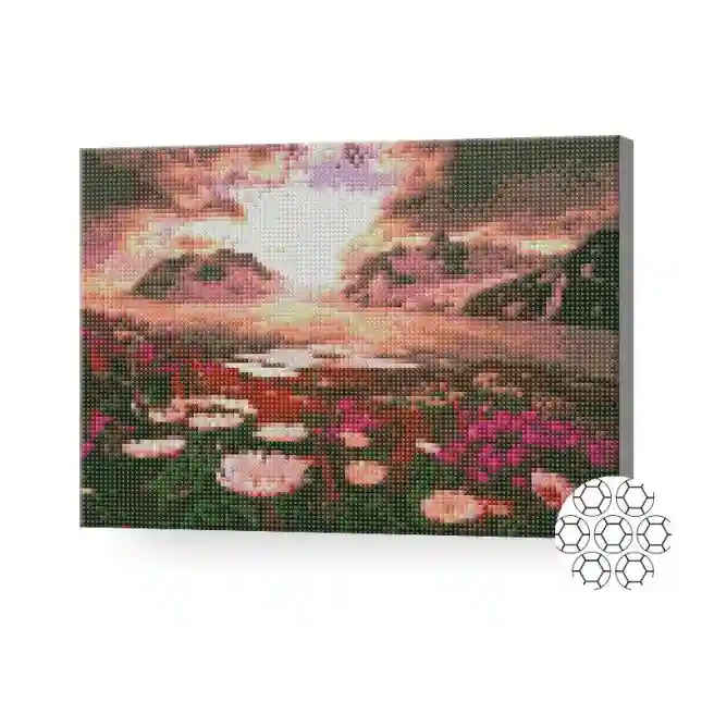 Flori roz în munți, 30x40 cm, mozaic cu diamante