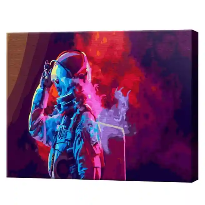 Cosmonaut în fum multicolor, 40x50 cm, pictură pe numere
