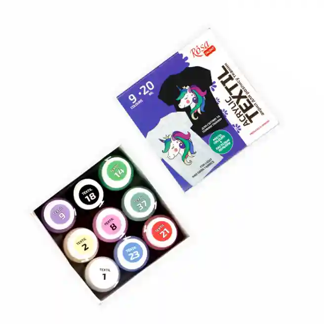 Set de vopsele acrilice pentru textile UNICORN, 9 culori, 20 ml, culori pastelate, ROSA TALENT