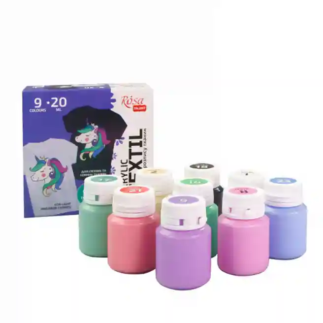 Set de vopsele acrilice pentru textile UNICORN, 9 culori, 20 ml, culori pastelate, ROSA TALENT