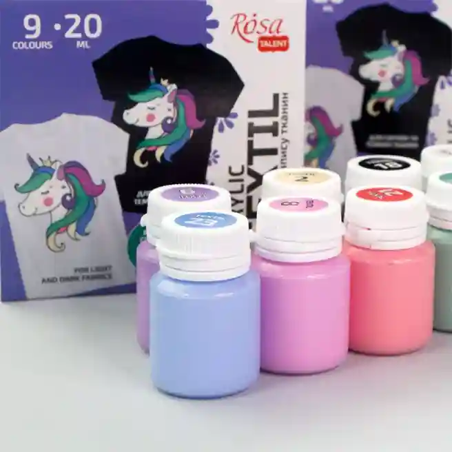 Set de vopsele acrilice pentru textile UNICORN, 9 culori, 20 ml, culori pastelate, ROSA TALENT