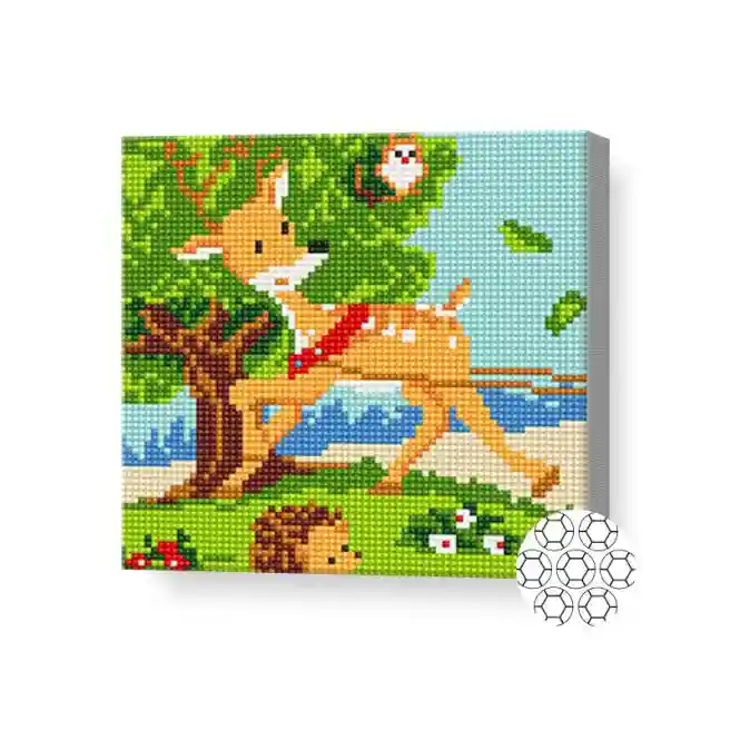 Олененок с друзьями в лесу, 20x20 см, алмазная мозаика