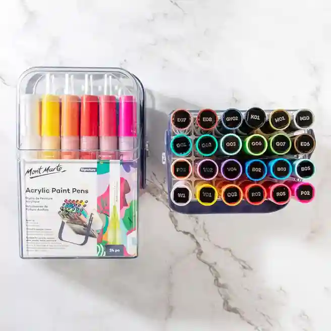 Set markere acrilice Signature, vârf 3 mm, casetă din plastic, 24 bucăți