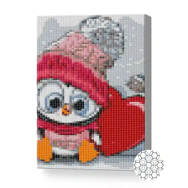 Pinguin în căciulă și inimă, 20x30 cm, mozaic cu diamante