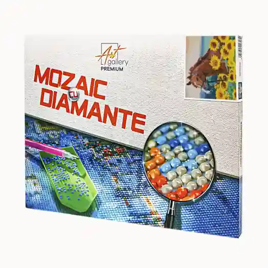 Calul în câmp cu floarea soarelui, 30x40 cm, mozaic cu diamante
