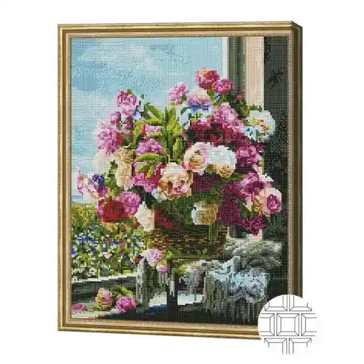 Buchet de trandafiri si bujori, 40x50 cm, mozaic cu diamante pătrate