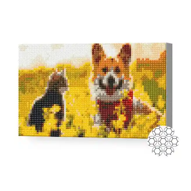 Пес и кот на поляне, 20x30 см, алмазная мозаика