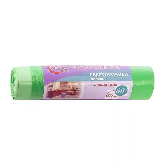 Пакеты для мусора 60л/15 шт. 15 мкм Professional Clean Time, Зеленые, с затяжкой