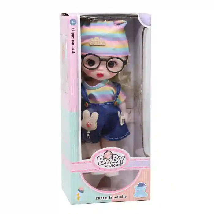 Păpușă cu ochelari 30 cm, tricou curcubeu, cod 822132