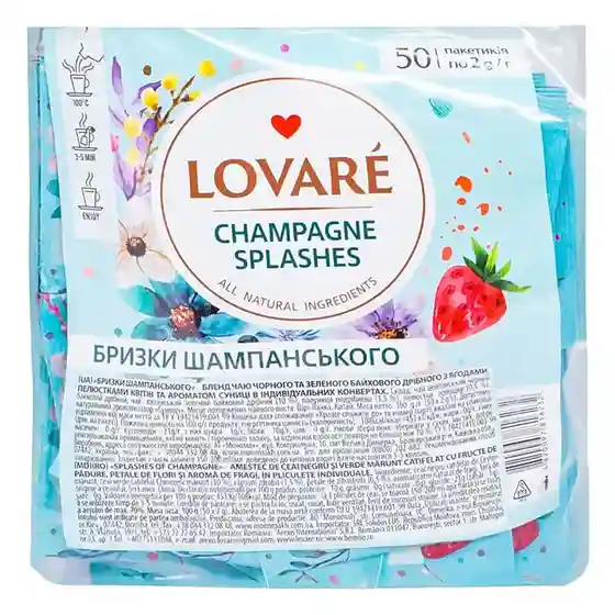 Ceai LOVARE Splashes of Champagne 50 plicuri, în ambalaj transparent, ceai verde și negru ceylon