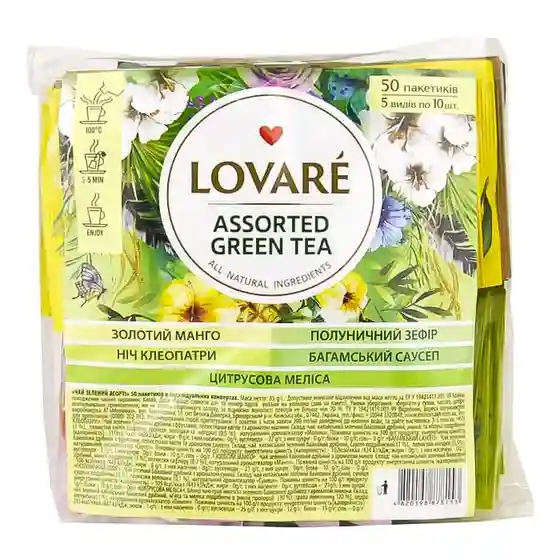 Чай LOVARE Green Assorted 50 пакетиков, в прозрачной упаковке, зеленый (ассорти)