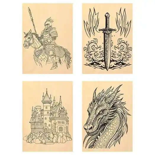 Set de plăci pentru pirogravură și pictură Trei Bufnițe "Cavaler și dragon", 4 buc., 15х21 cm