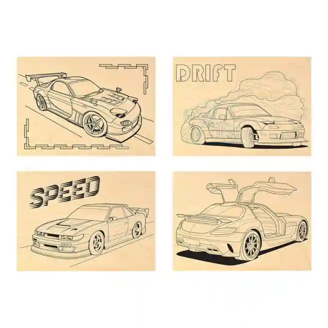 Set de table pentru ardere și pictură pe lemn "Viteză", 4 bucăți, 15x21 cm