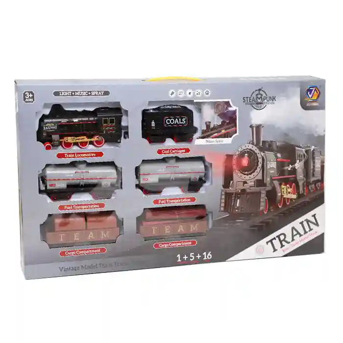 Jucărie Tren retro cu lumină, sunet și cale ferată în formă de 8, cod 832043