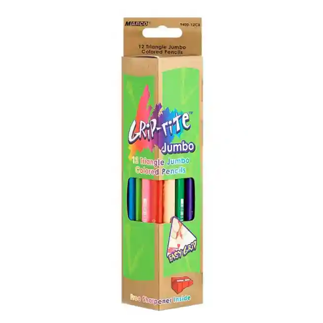 Creioane MARCO Grip-Rite JUMBO, 12 culori, triunghiulare, cu ascuțitoare, 9400-12CB
