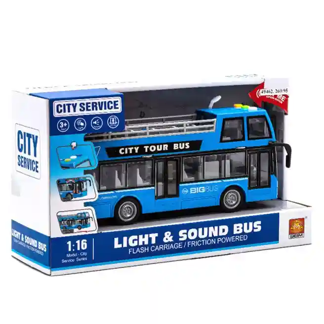 WY Autobus cu inertie "Double-Decker Bus-Open-Top" albastru (lumini,sunete), cod 49462
