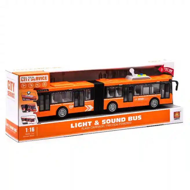 WY Autobus cu inertie "Double Articulated Bus" oranj (lumini,sunete), cod 49464