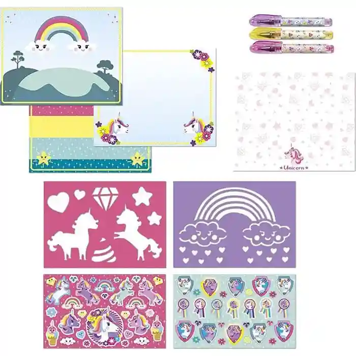 Unicorn Set creativ, cu șabloane, autocolante, foi de joc, pixuri gel