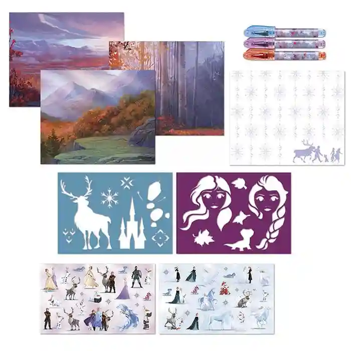 Frozen Set creativ, cu șabloane, autocolante, foi de joc, pixuri gel
